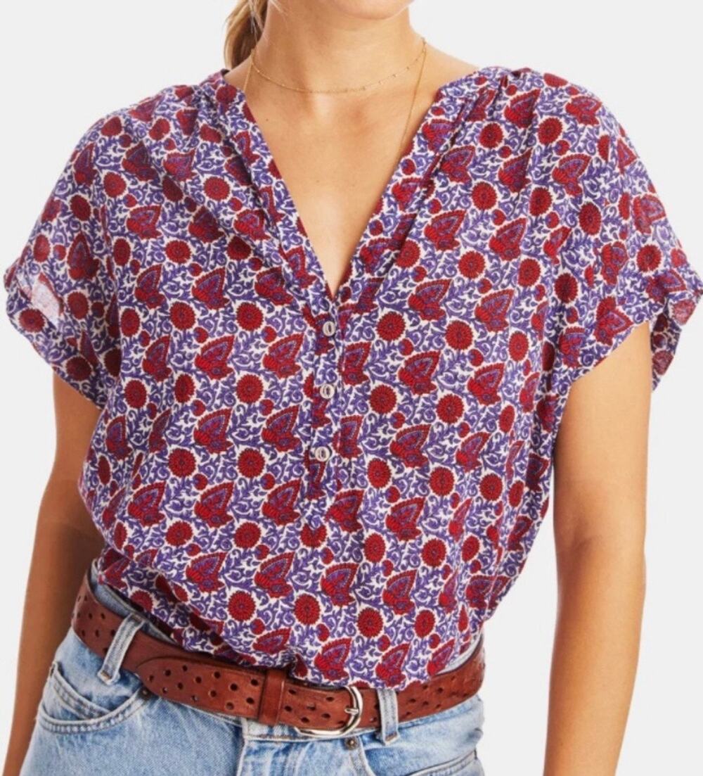 Xirena Sam Floral Short Sleeve Top in Red & Purple Size XS Boho Cottage